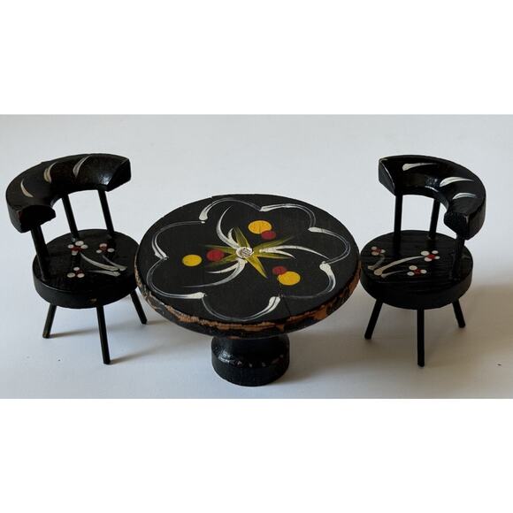 Vintage Fomerz Dollhouse Wood Table & 2 Chairs Painted Black - Picture 2 of 5